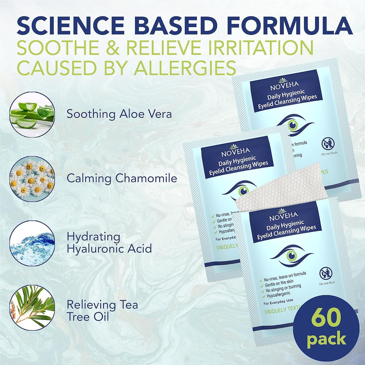 NOVEHA individually wrapped wipes for on-the-go cleansing.