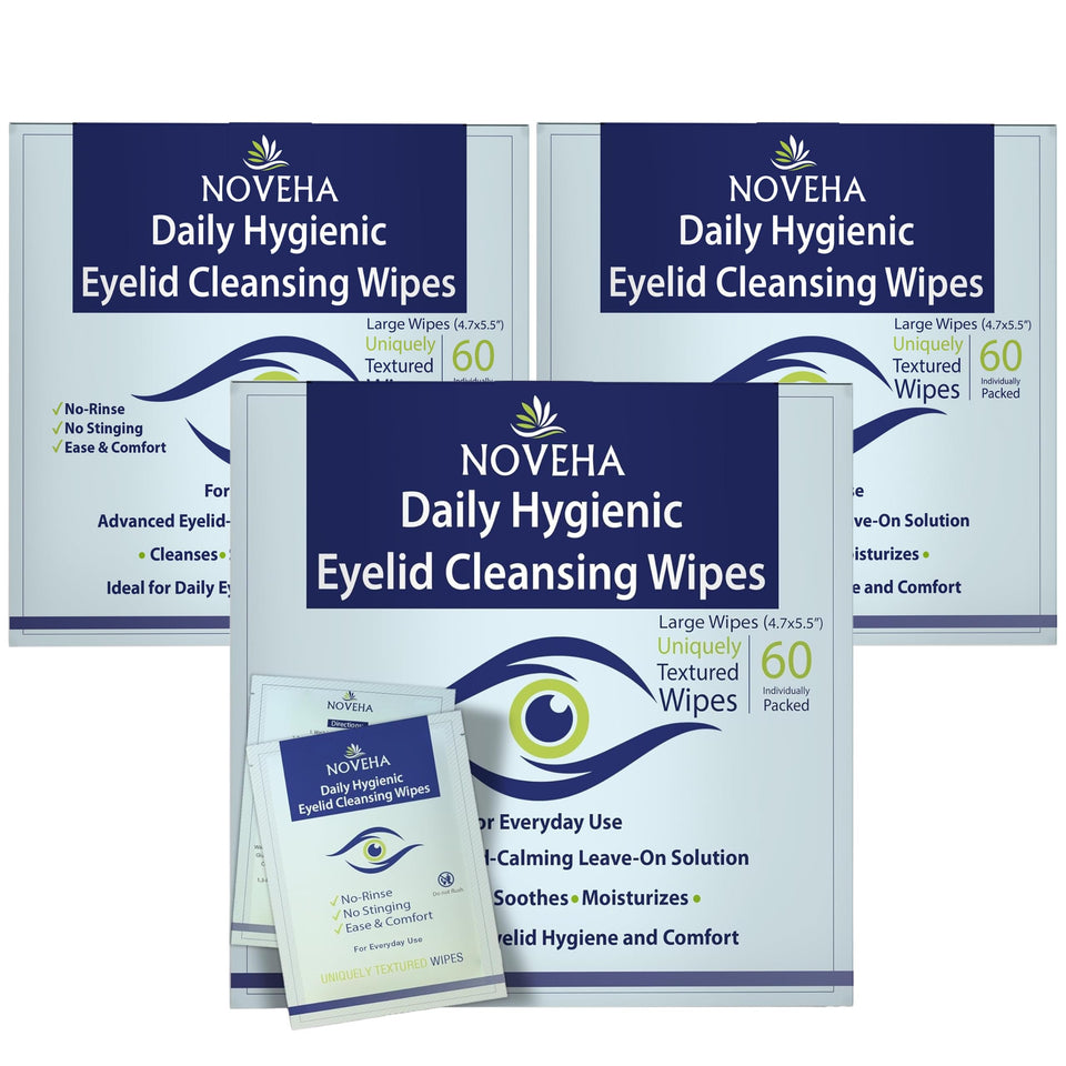 NOVEHA daily eyelid wipes in packaging for convenient daily eye hygiene.