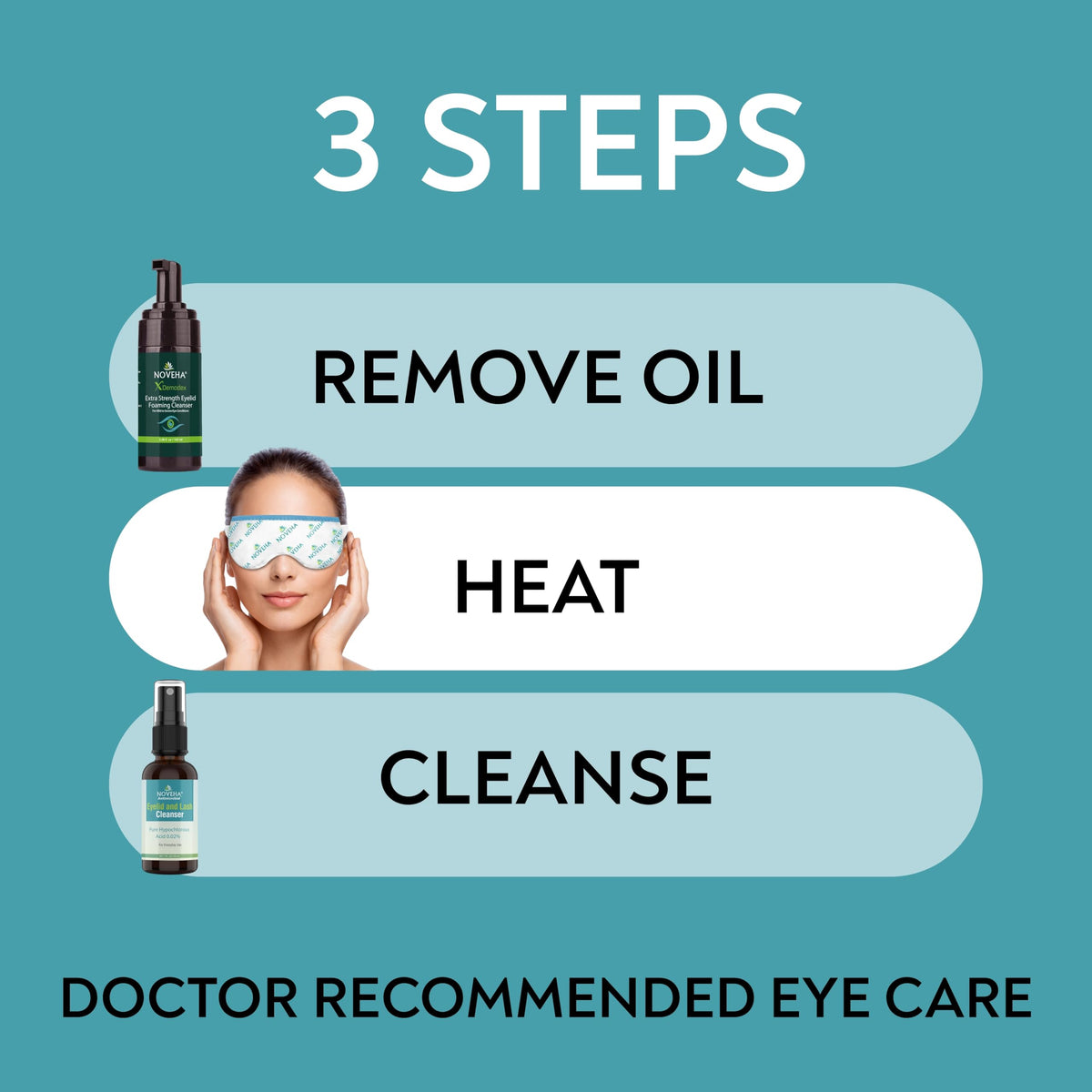 NOVEHA Demodex Eyelid Cleanser Foam three-pack packaging on a shelf.