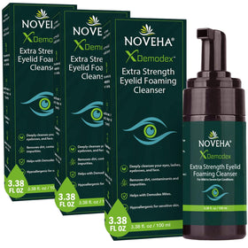 NOVEHA Demodex Eyelid Cleanser Foam bottle for daily eye hygiene.