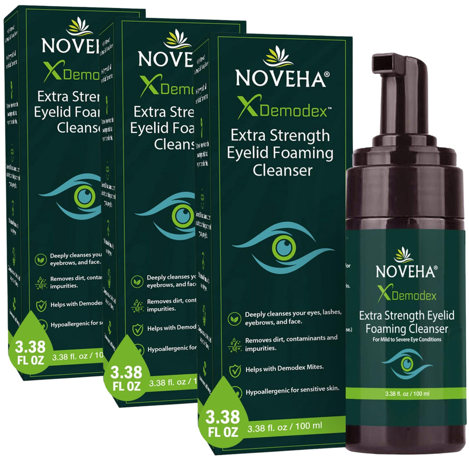 NOVEHA Demodex Eyelid Cleanser Foam bottle for daily eye hygiene.