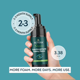 NOVEHA Demodex Eyelid Cleanser Foam applying around the eyes.