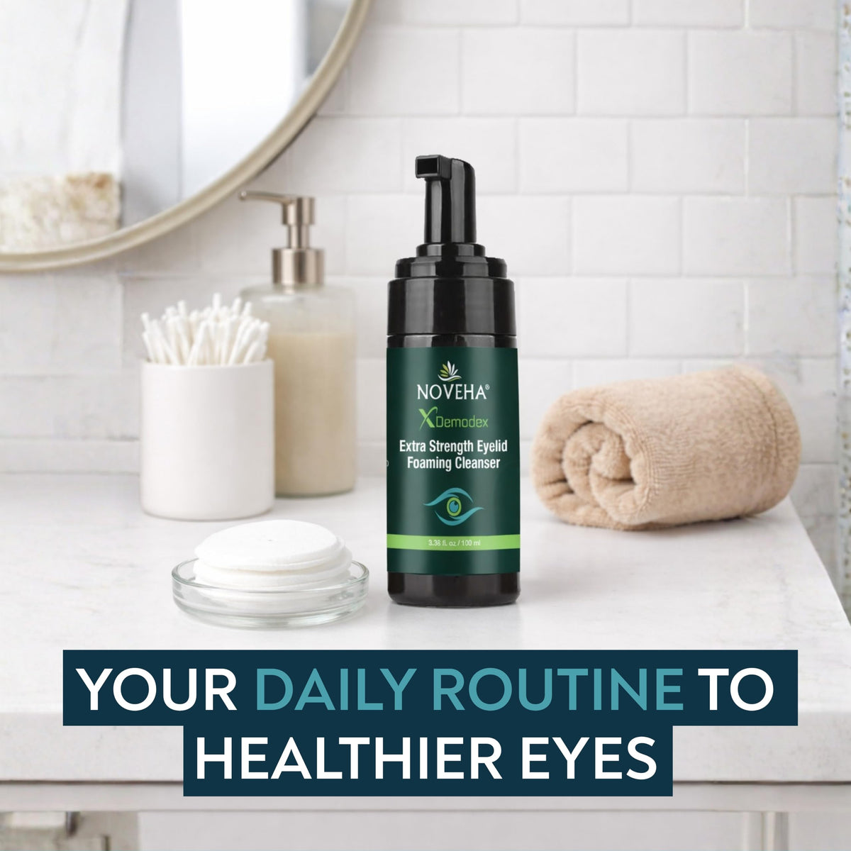 NOVEHA Demodex Eyelid Cleanser Foam smooth skin around eyes after use.