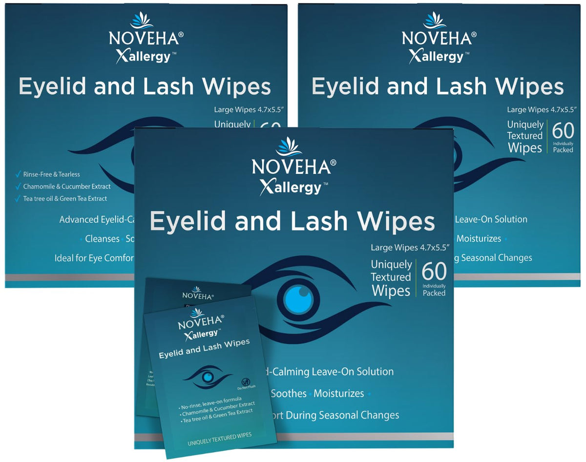 NOVEHA eyelid wipes 60-count pack for quick allergy relief on the go.