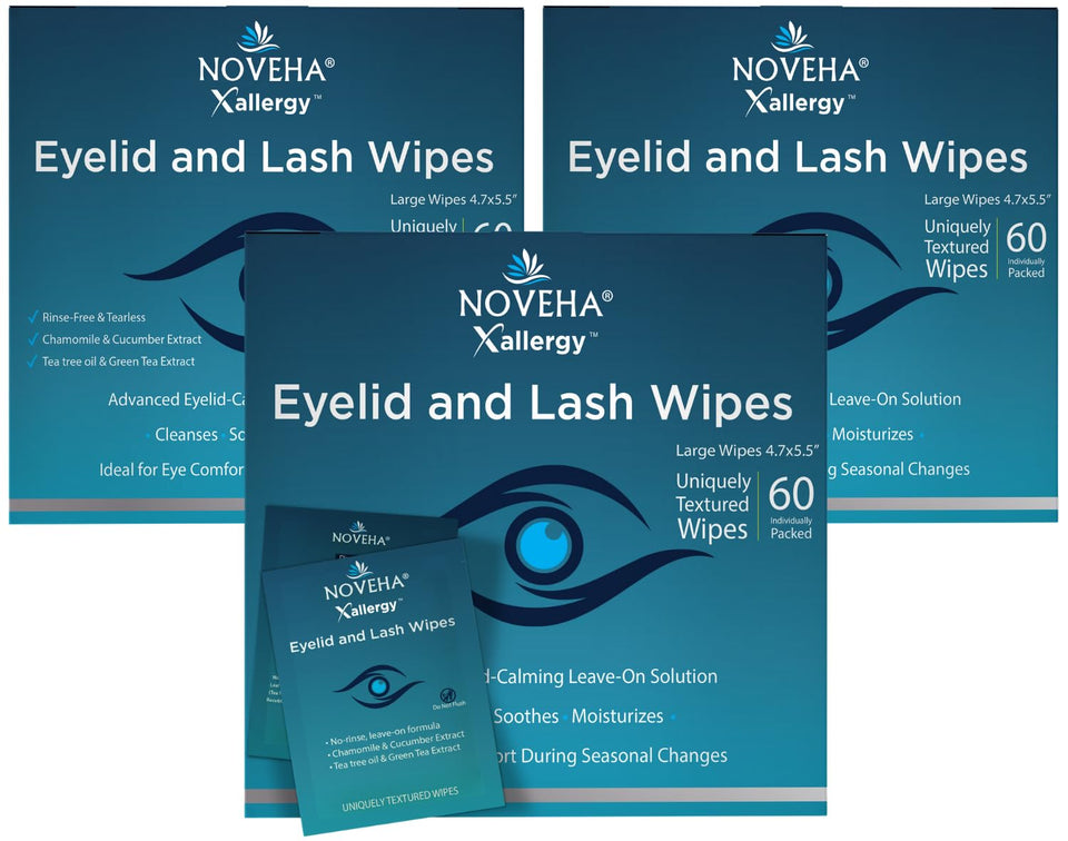 NOVEHA eyelid wipes 60-count pack for quick allergy relief on the go.