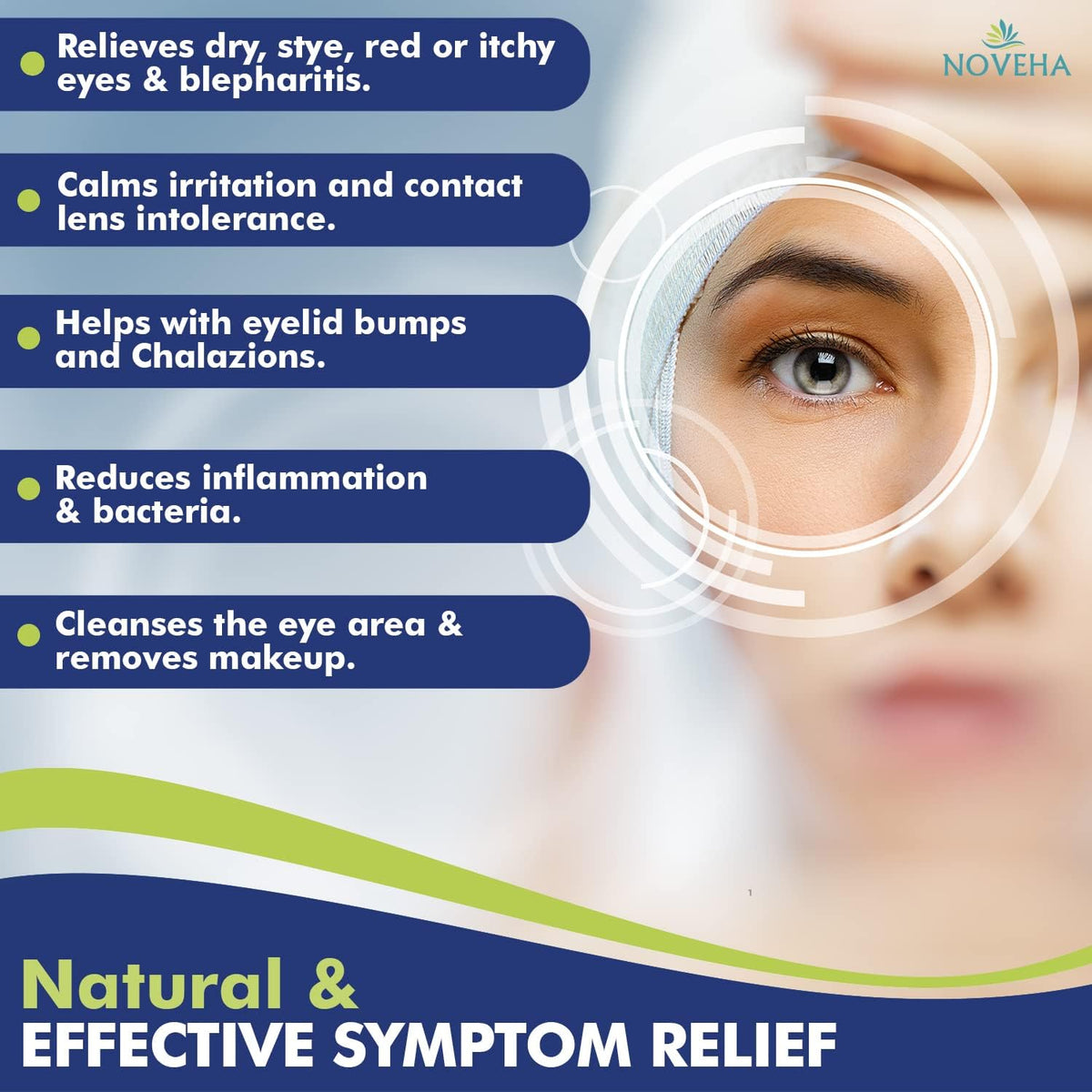 Close-up of NOVEHA eyelid wipe being used on the eye area.
