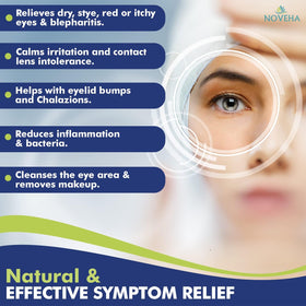 Close-up of NOVEHA eyelid wipe being used on the eye area.