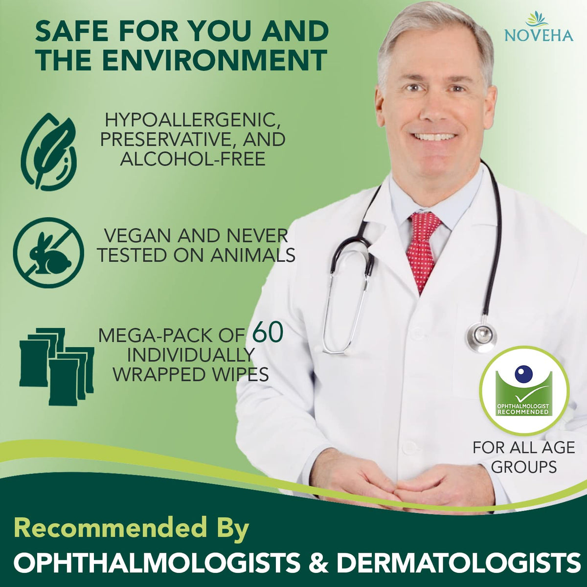 NOVEHA hypoallergenic no-alcohol label indicating safe daily use.
