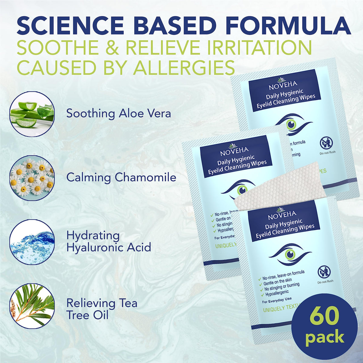 NOVEHA individually wrapped eyelid wipes for mess-free on-the-go cleansing.
