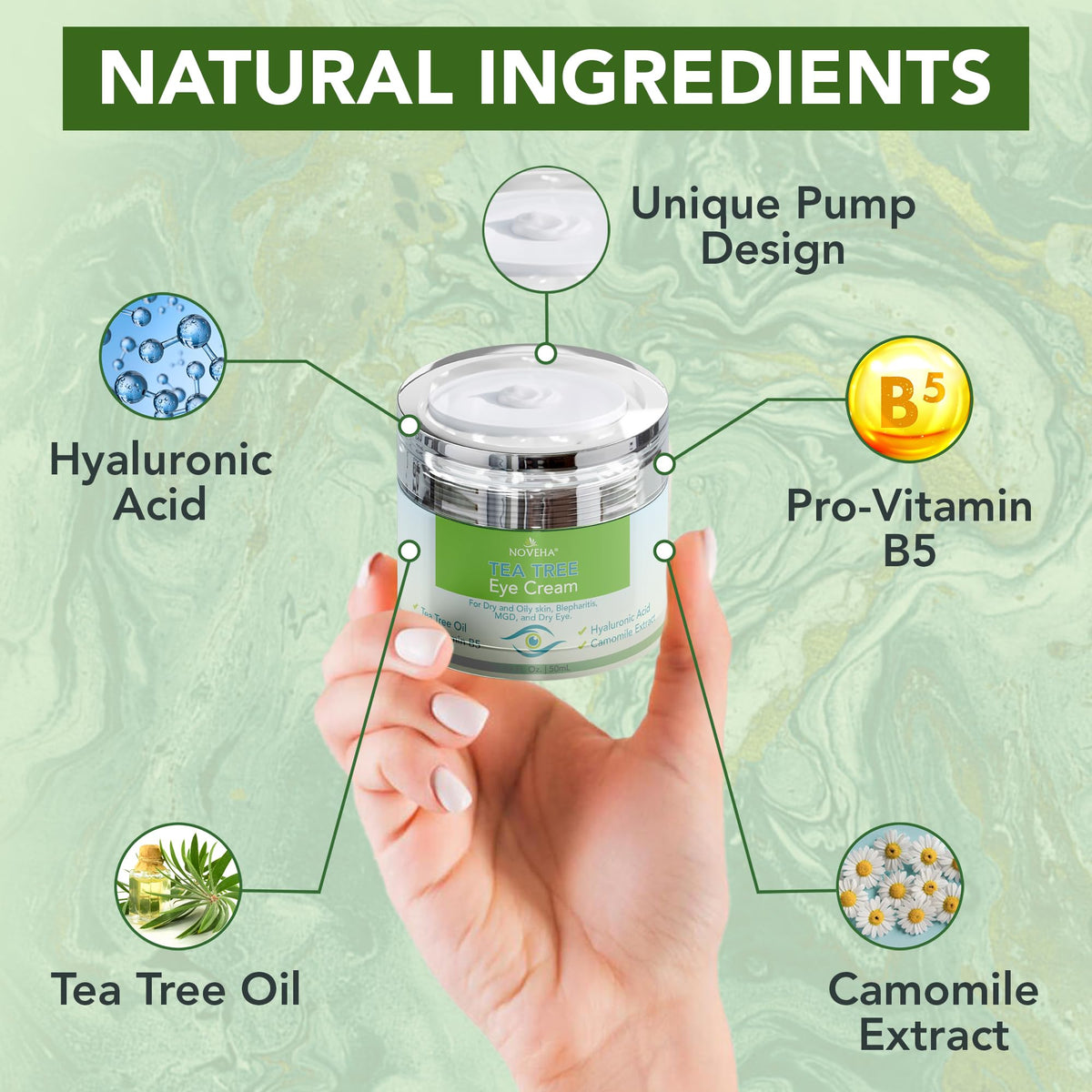 Person applying NOVEHA Tea Tree Eye Cream to the under-eye area.