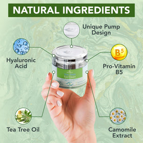 Person applying NOVEHA Tea Tree Eye Cream to the under-eye area.