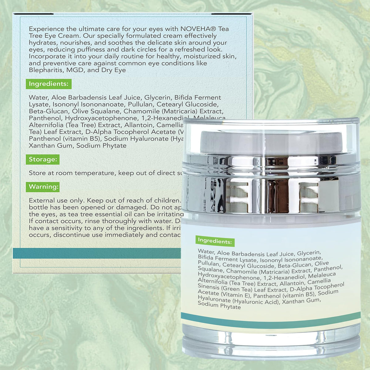 Evening skincare scene with NOVEHA Eye Cream as part of the routine.