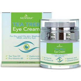 NOVEHA Tea Tree Eye Cream packaging shown for daily eye care.