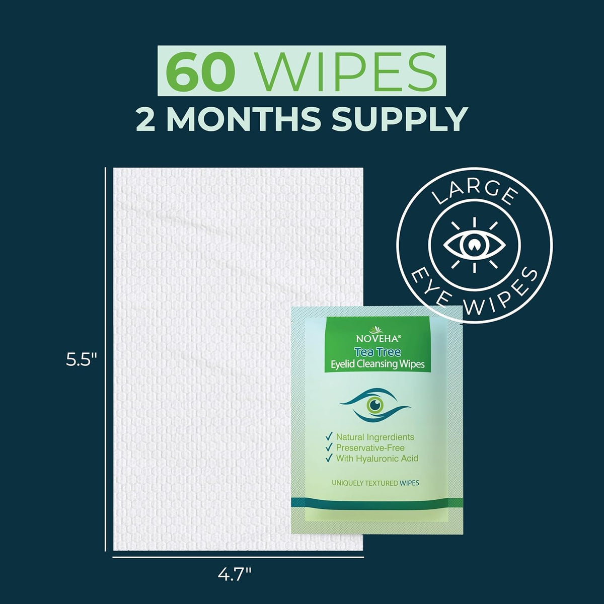 NOVEHA tea tree eyelid wipes individually wrapped for on the go freshness.