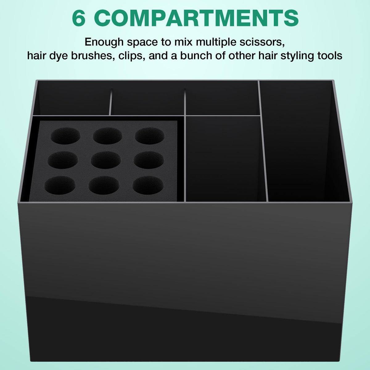 Noverlife hair salon scissor holder box top view highlights multiple tool slots.