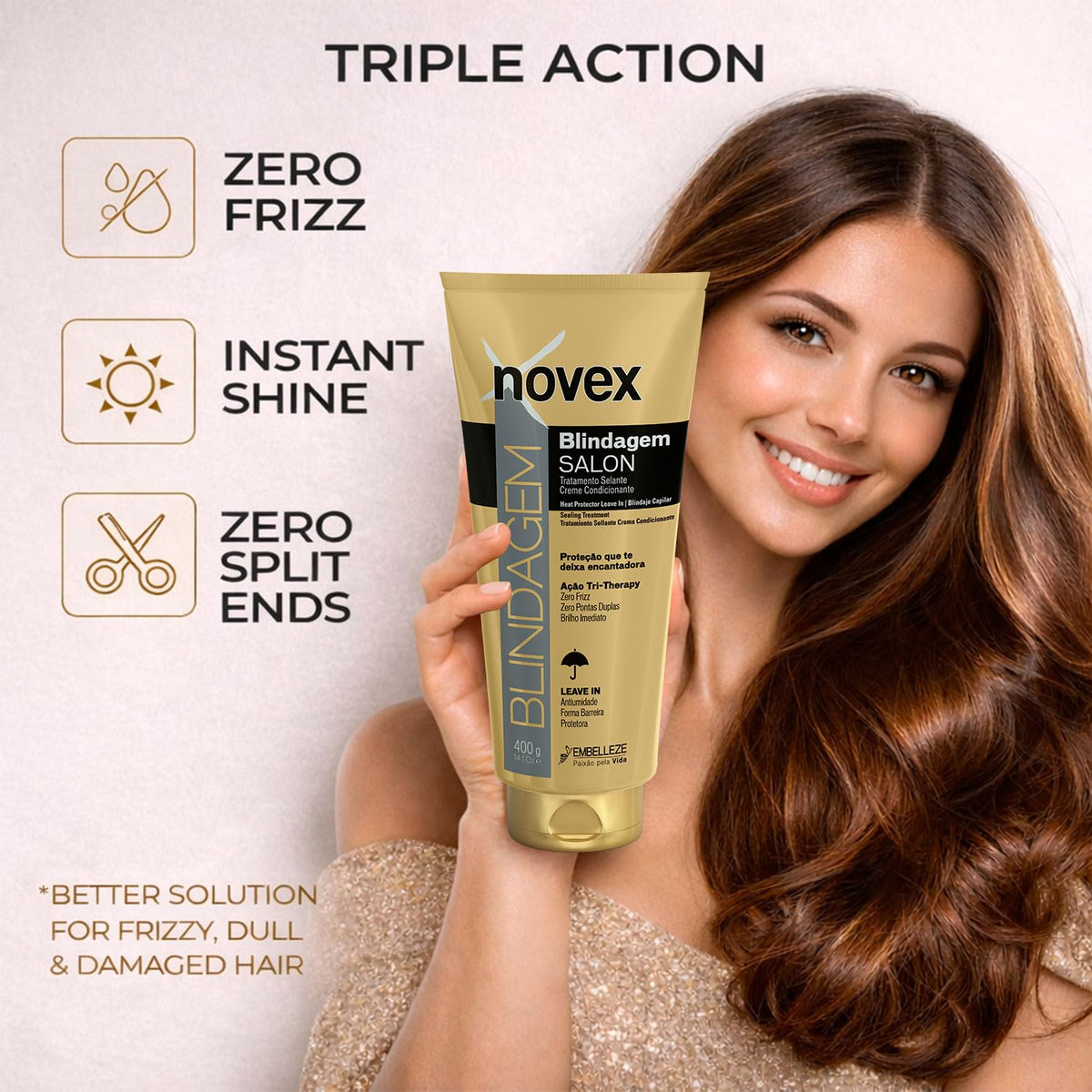 NOVEX Blindagem Thermal Protector hand application demonstrates coating damp hair for smoothing