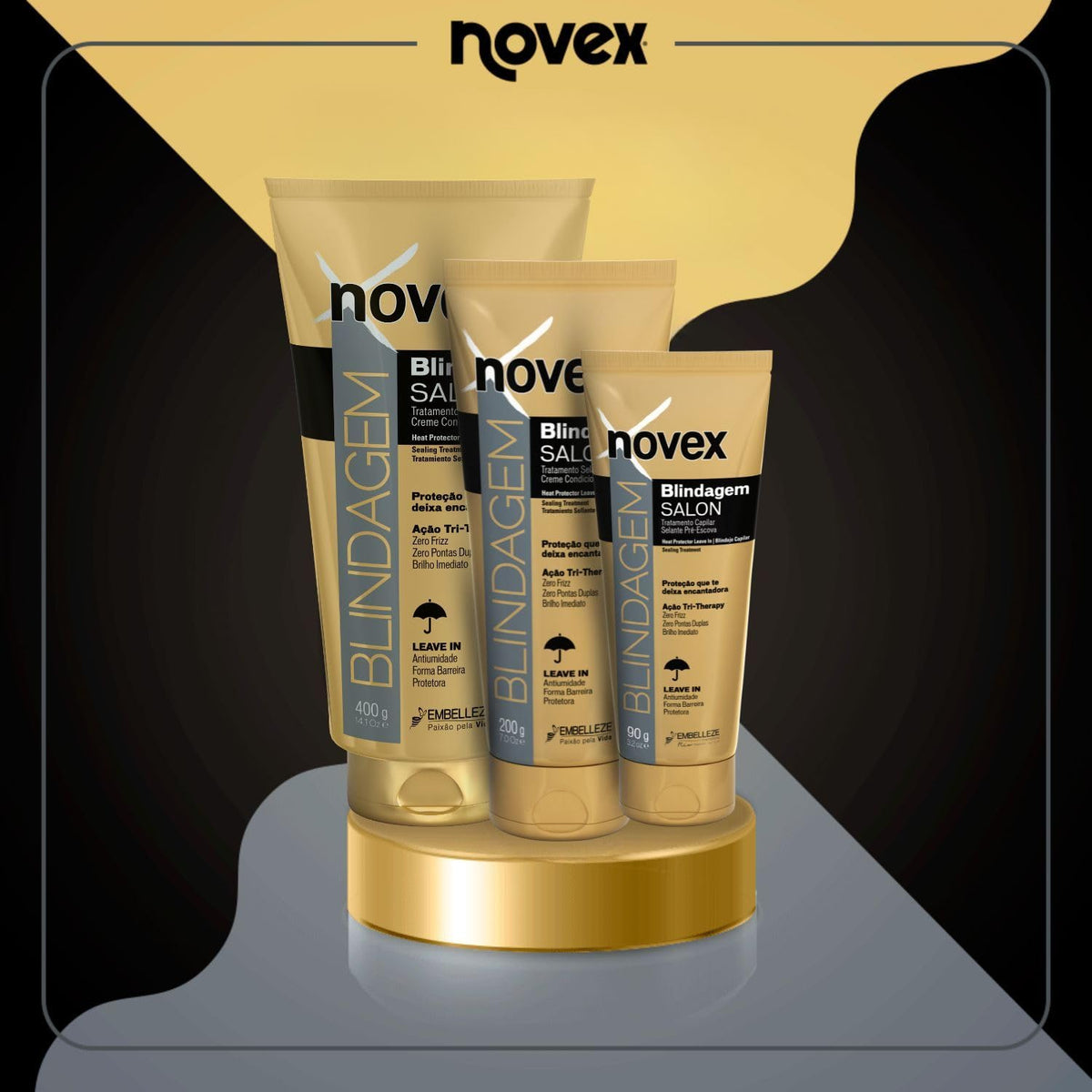 NOVEX Blindagem Thermal Protector Leave-In packaging display conveys trusted protection for all hair types.