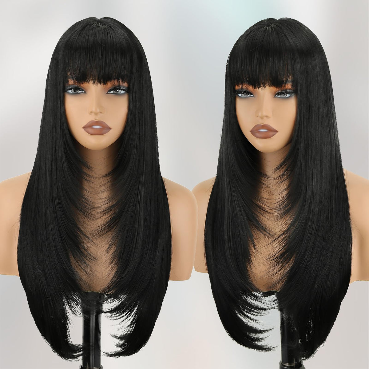 NOVFLKW black long straight wig with bangs front view for daily wear and cosplay