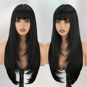 NOVFLKW black long straight wig with bangs front view for daily wear and cosplay
