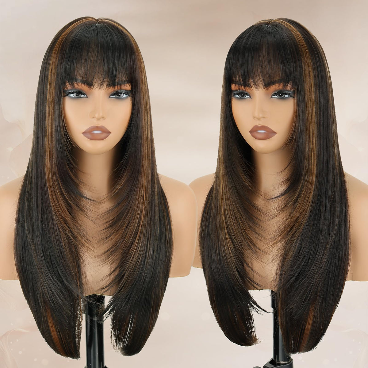 NOVFLKW highlight long straight wig front view bangs, natural daily wear appeal.