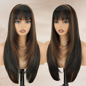NOVFLKW highlight long straight wig front view bangs, natural daily wear appeal.