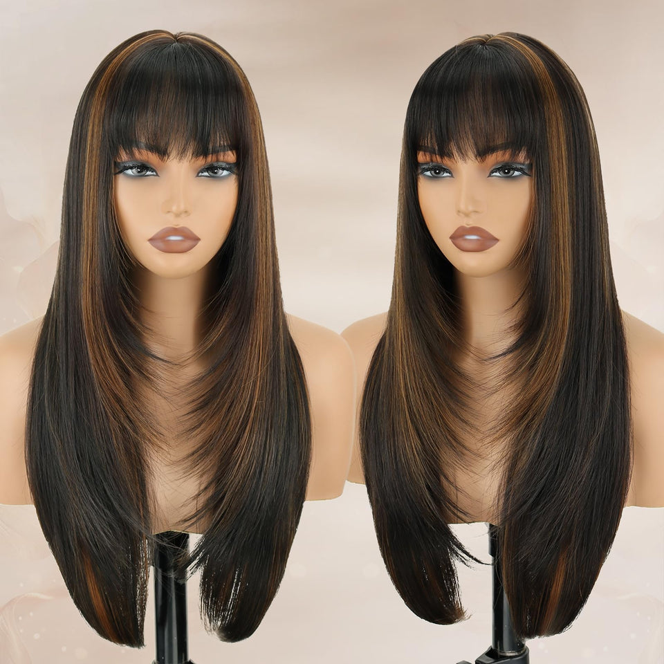 NOVFLKW highlight long straight wig front view bangs, natural daily wear appeal.