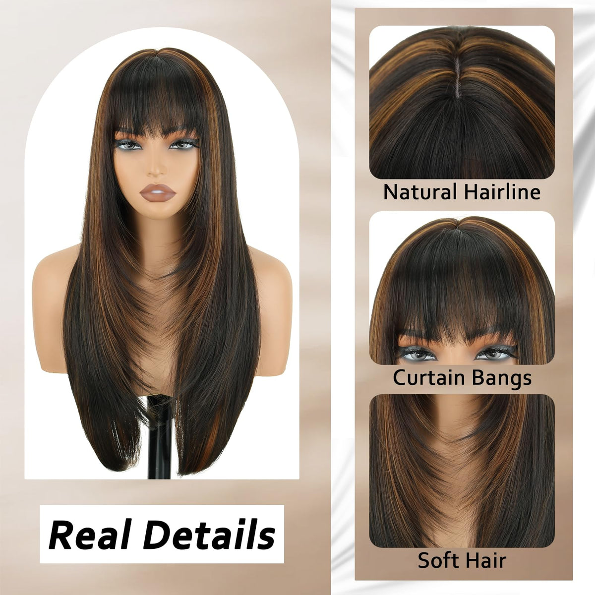 NOVFLKW highlight long straight wig realistic scalp close-up blends with natural hair.