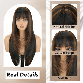 NOVFLKW highlight long straight wig realistic scalp close-up blends with natural hair.