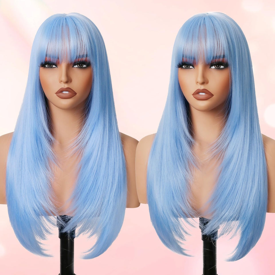 NOVFLKW light blue long straight wig with bangs for daily wear and visuals