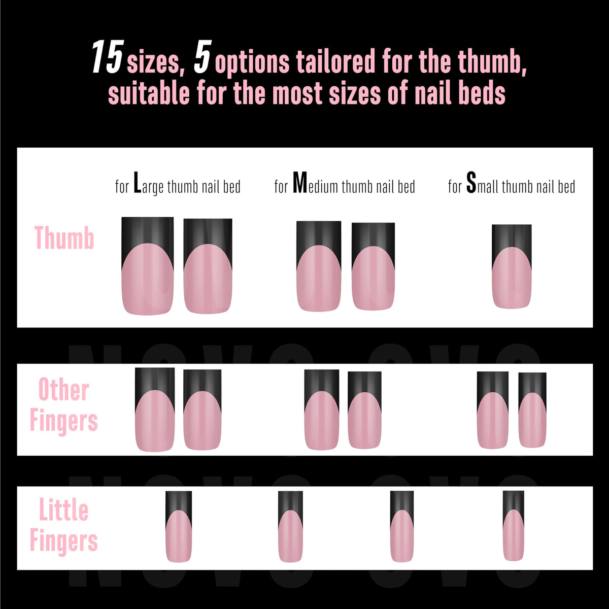 NOVO OVO 15-size selection showing fit for varied nail beds.