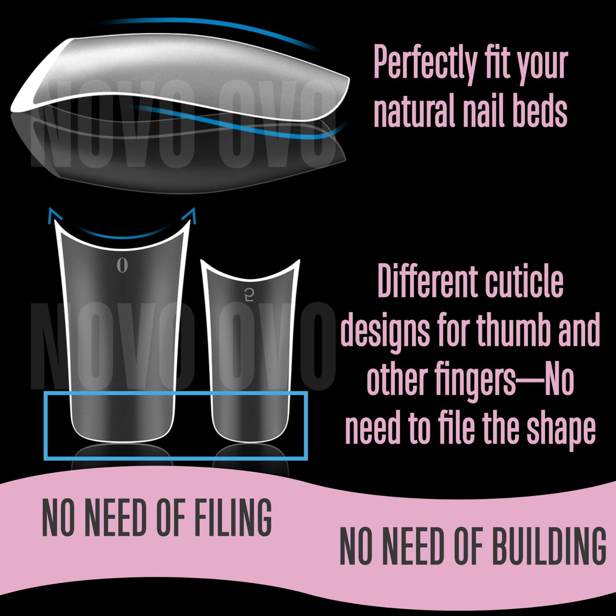 NOVO OVO 15-size duck nail tips fit a wide range of nail beds.
