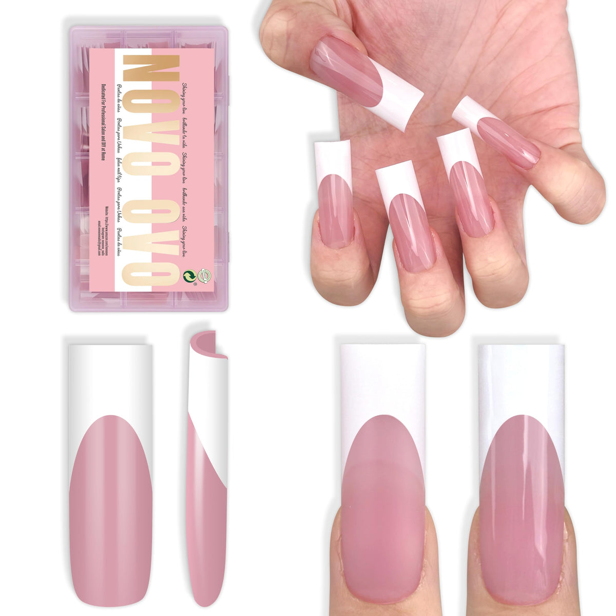 NOVO OVO Berry Pink long sharp square nail tips for a salon-like French manicure at home.