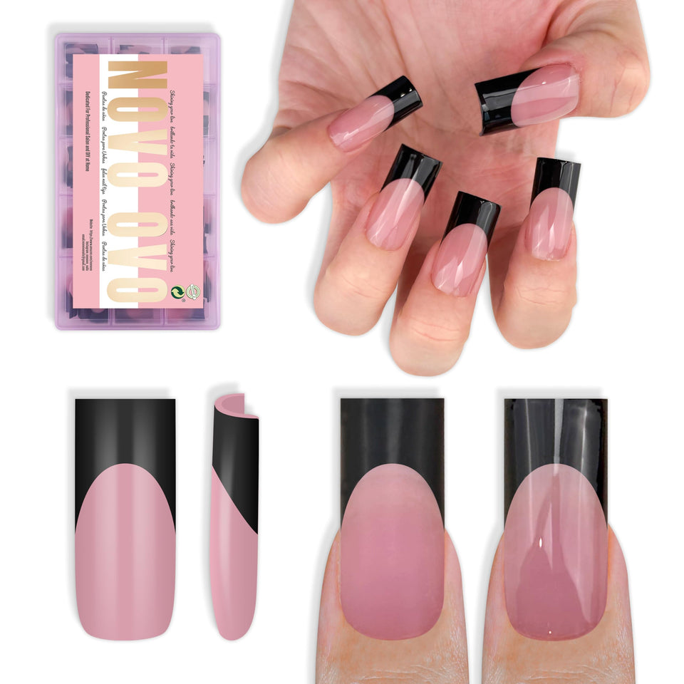 NOVO OVO berry pink nails with black French tips for a bold manicure.
