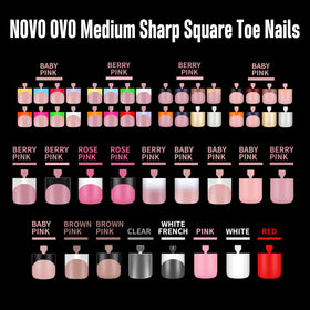 NOVO OVO Berry Pink square toe nail tips full set spread to show 240 pieces and size variety
