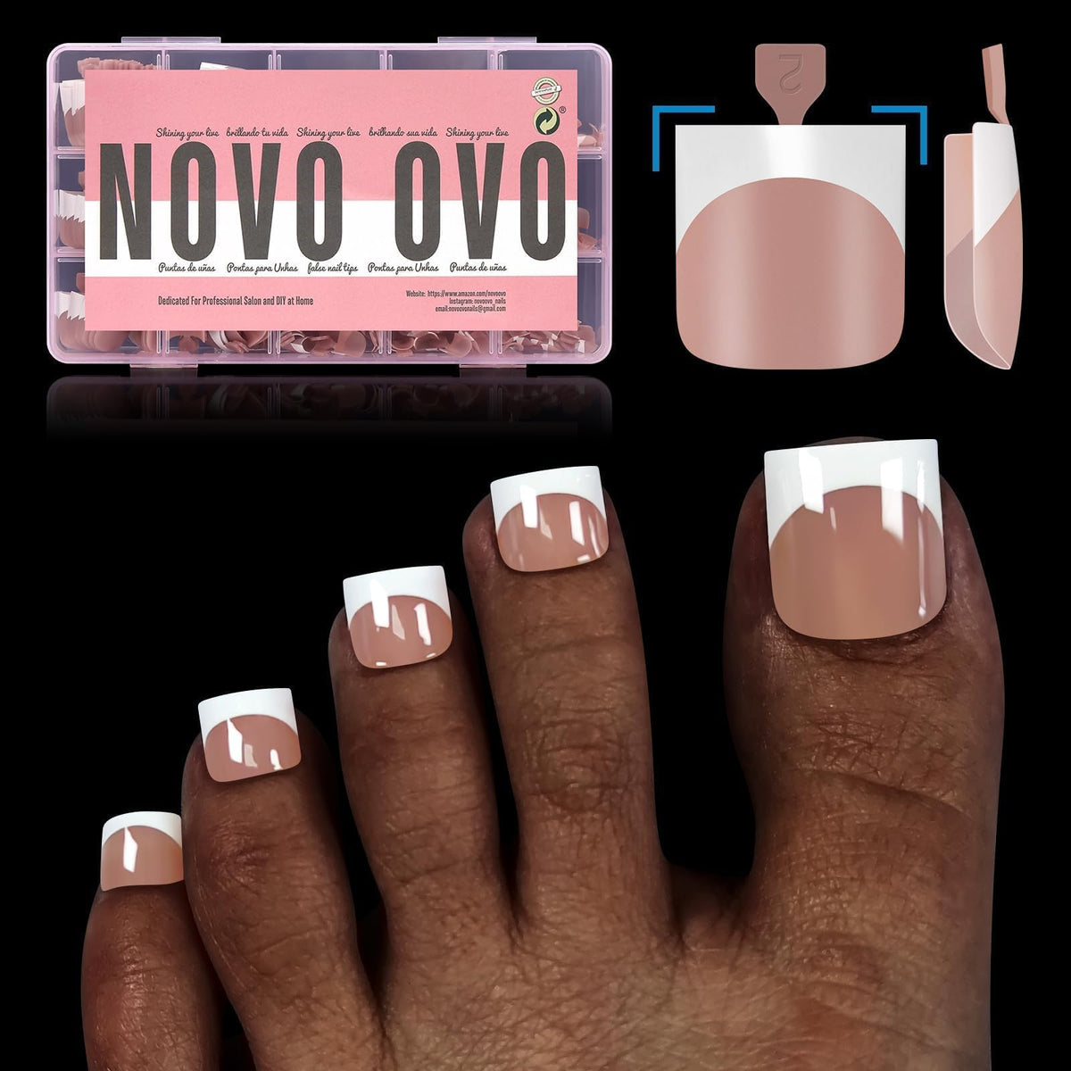 NOVO OVO French Tip toe nails close-up, pre-applied primer and base coat for easy use