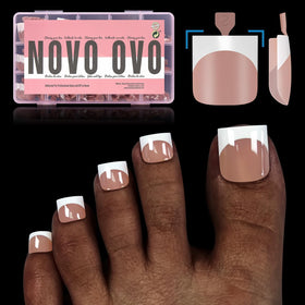 NOVO OVO French Tip toe nails close-up, pre-applied primer and base coat for easy use