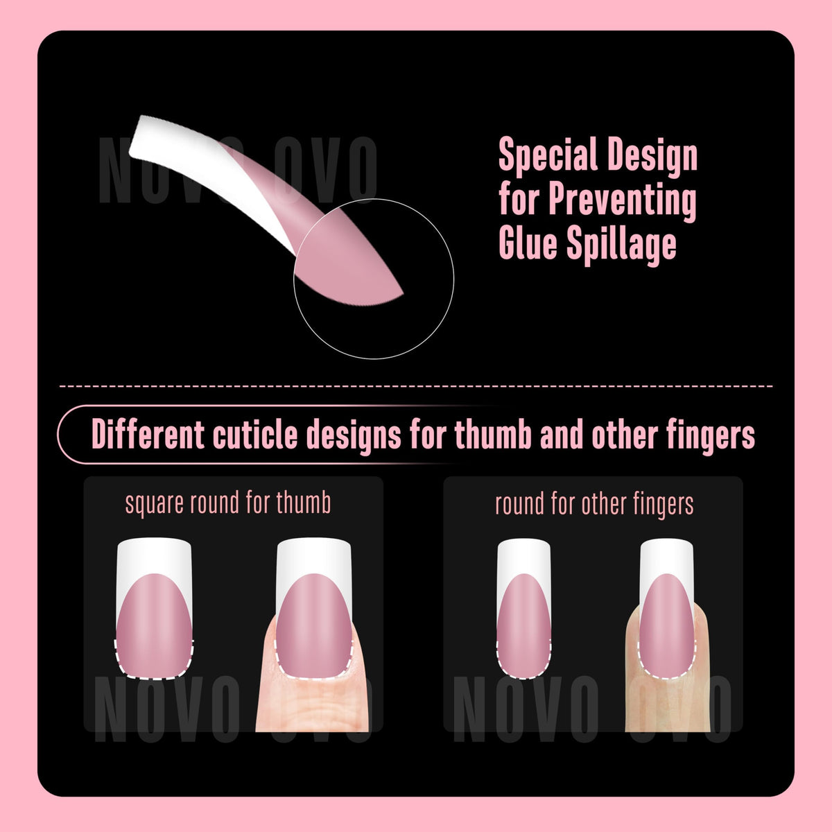 Close-up of NOVO OVO Berry Pink full-cover tips for bold, long-lasting French nails