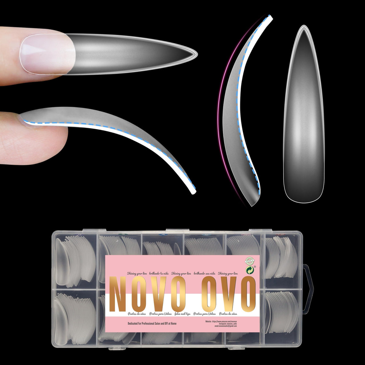NOVO OVO Halloween XXL curved almond stiletto full-cover tips for dramatic long nails.