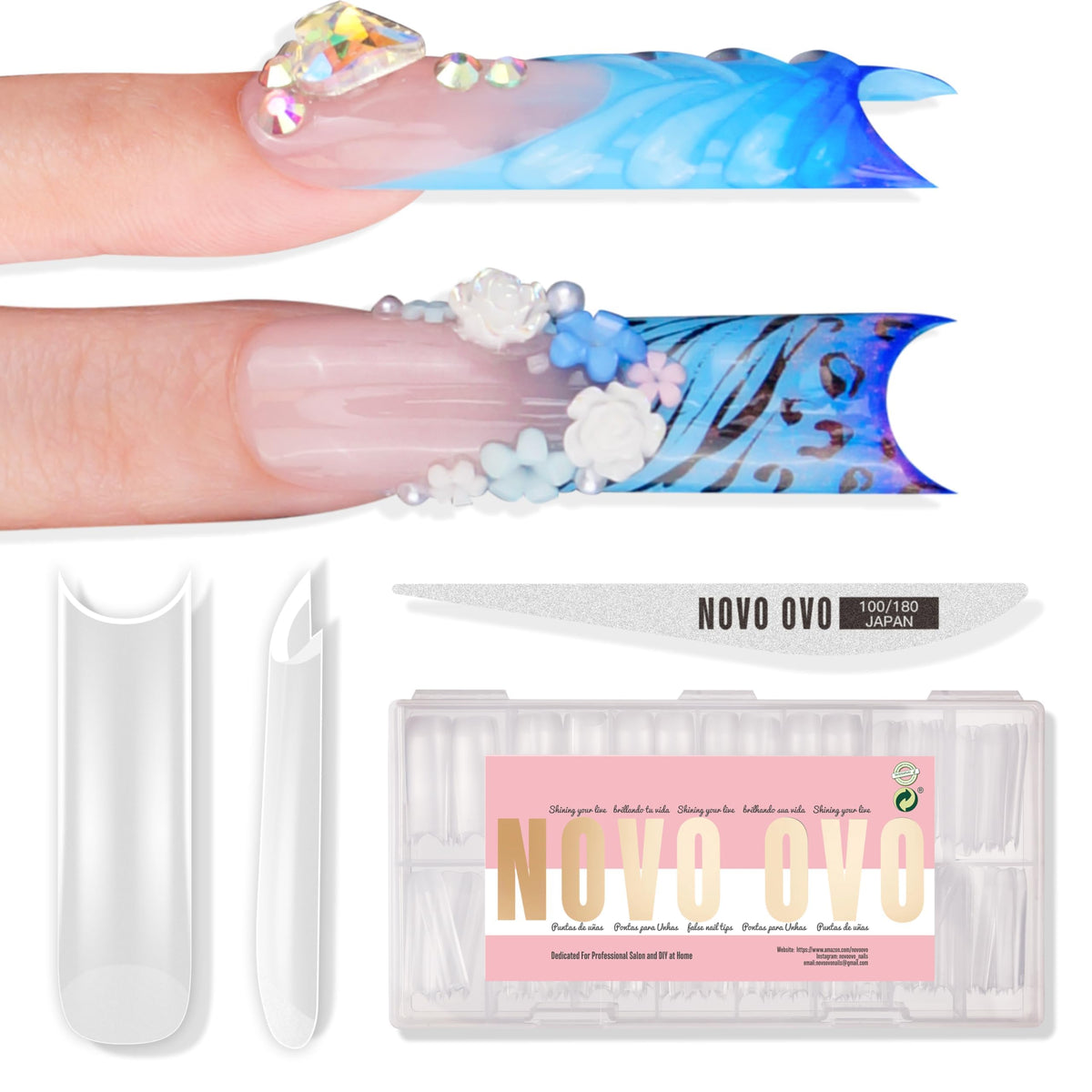 NOVO OVO Halloween XXL square nail tips with moon curve for sharp, easy edges.