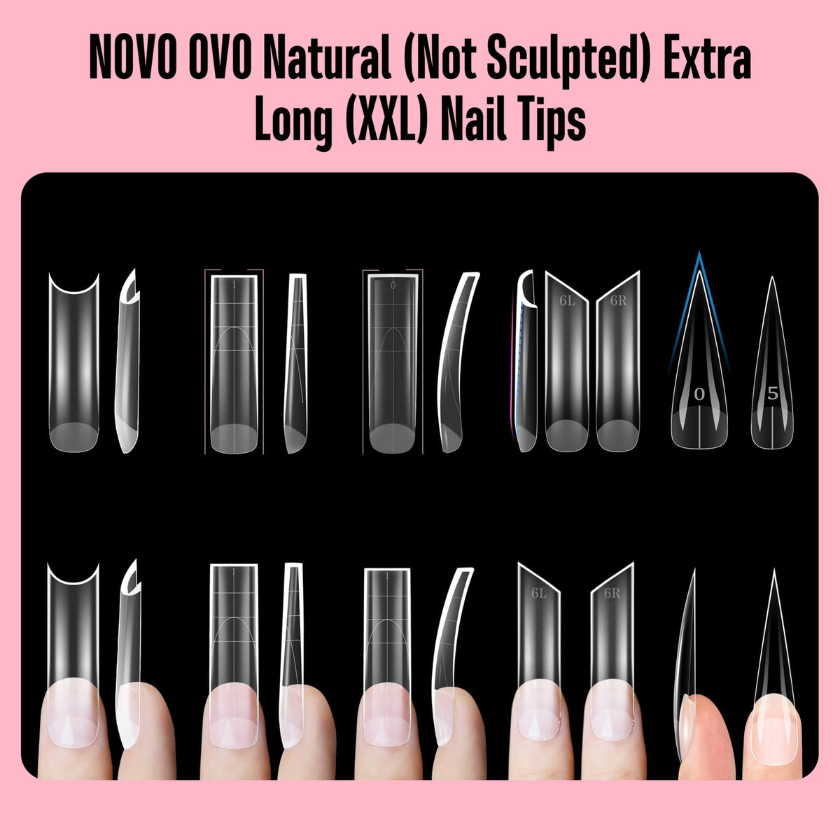 NOVO OVO matte finish tips ready for acrylic, gel, or poly gel.