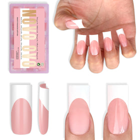 NOVO OVO medium sharp square white French tip nails in baby pink for fast DIY elegance.