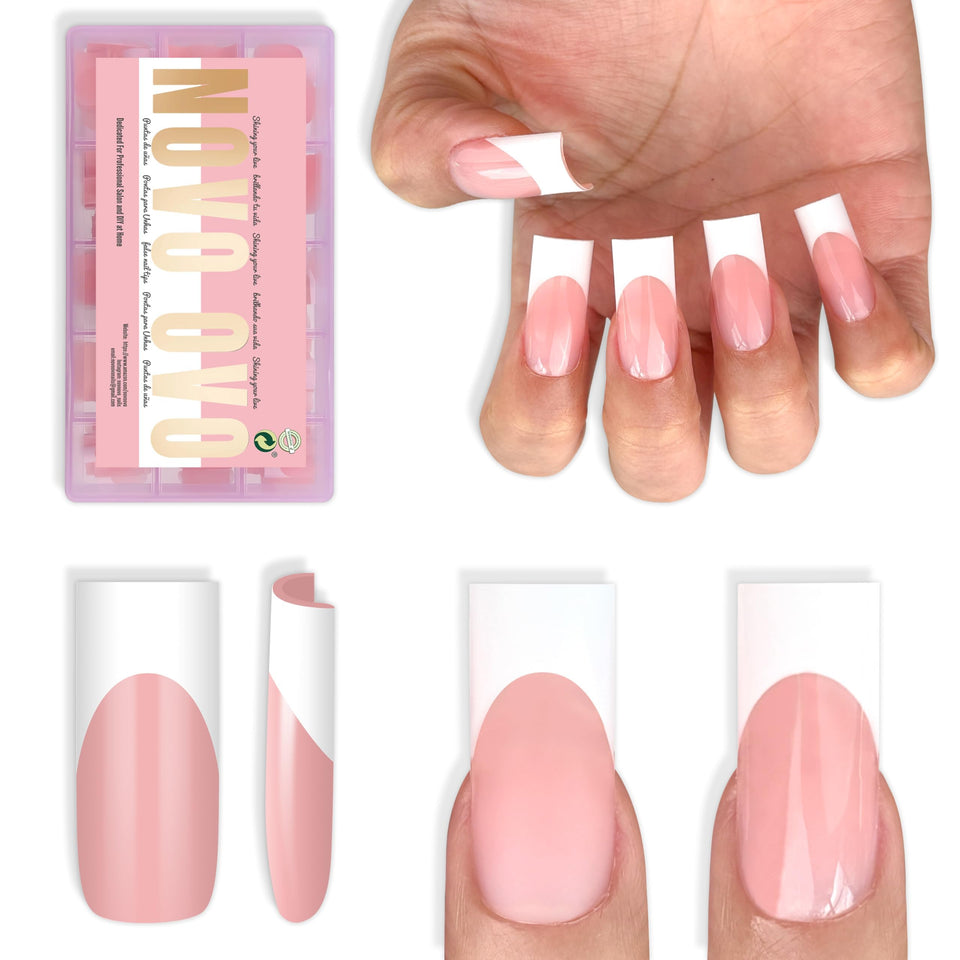 NOVO OVO medium sharp square white French tip nails in baby pink for fast DIY elegance.