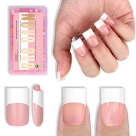 NOVO OVO old-school white French tip nails with baby pink base, ideal for DIY manicure.