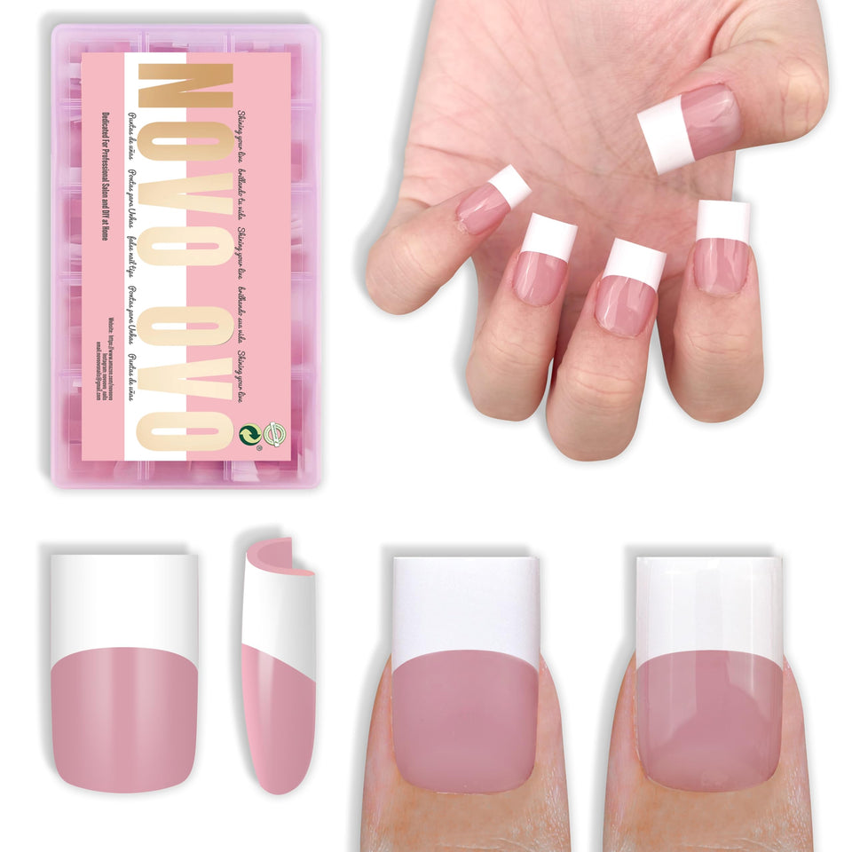 NOVO OVO Old School White French tips close-up for a salon-like look at home.