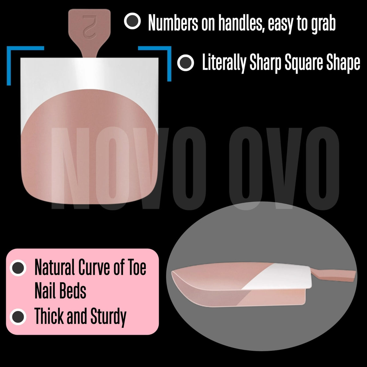 NOVO OVO soft gel toe tips ready to apply with builder gel