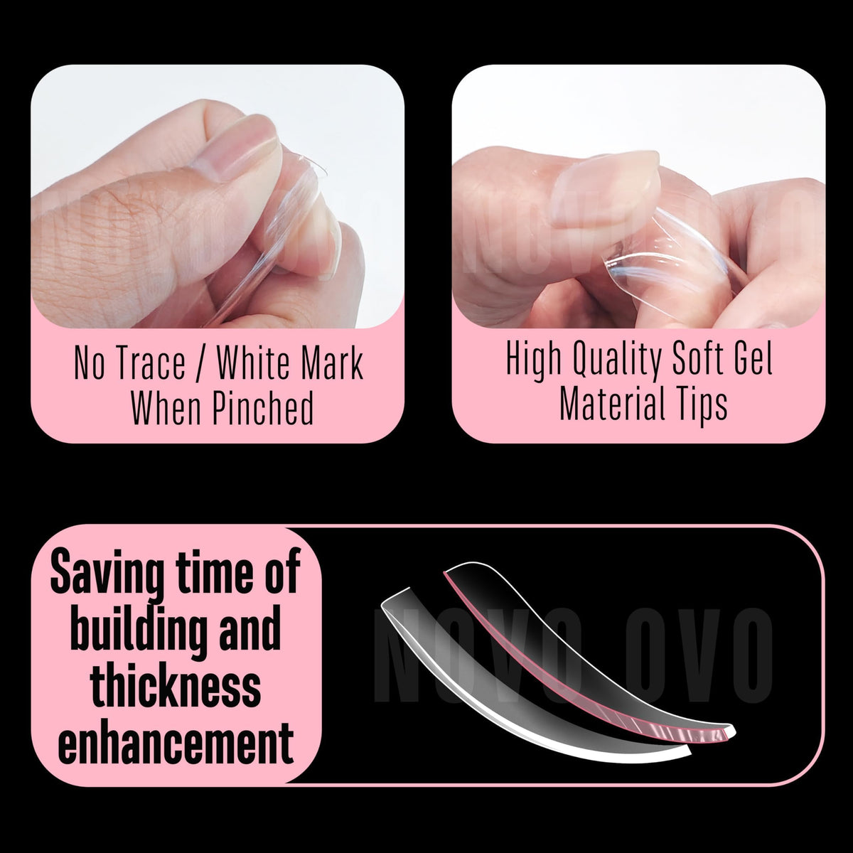 NOVO OVO premium PMMA clear tips for easy shaping and seamless results.