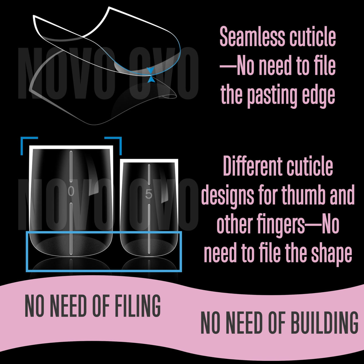 NOVO OVO premium soft gel nail tips ultra-transparent and easy to soak off.