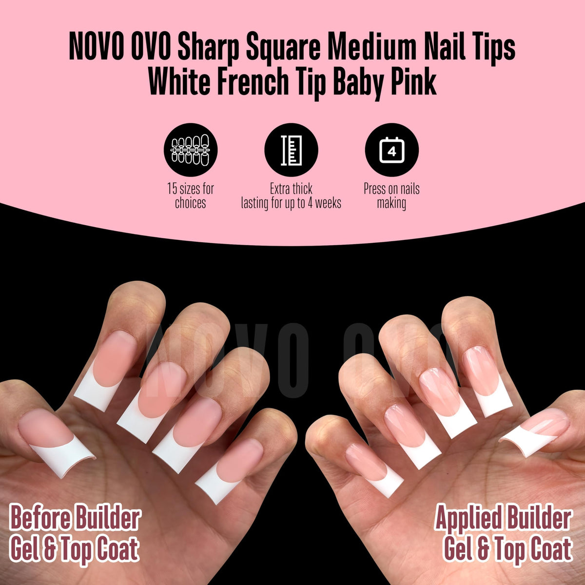 NOVO OVO premium soft gel PMMA formula ensures ultra-transparent tips with easy removal.