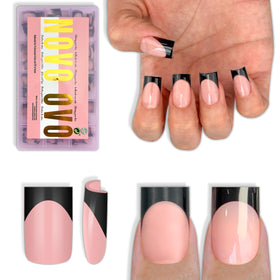 NOVO OVO short sharp square black French tip nails for quick salon-quality manicure