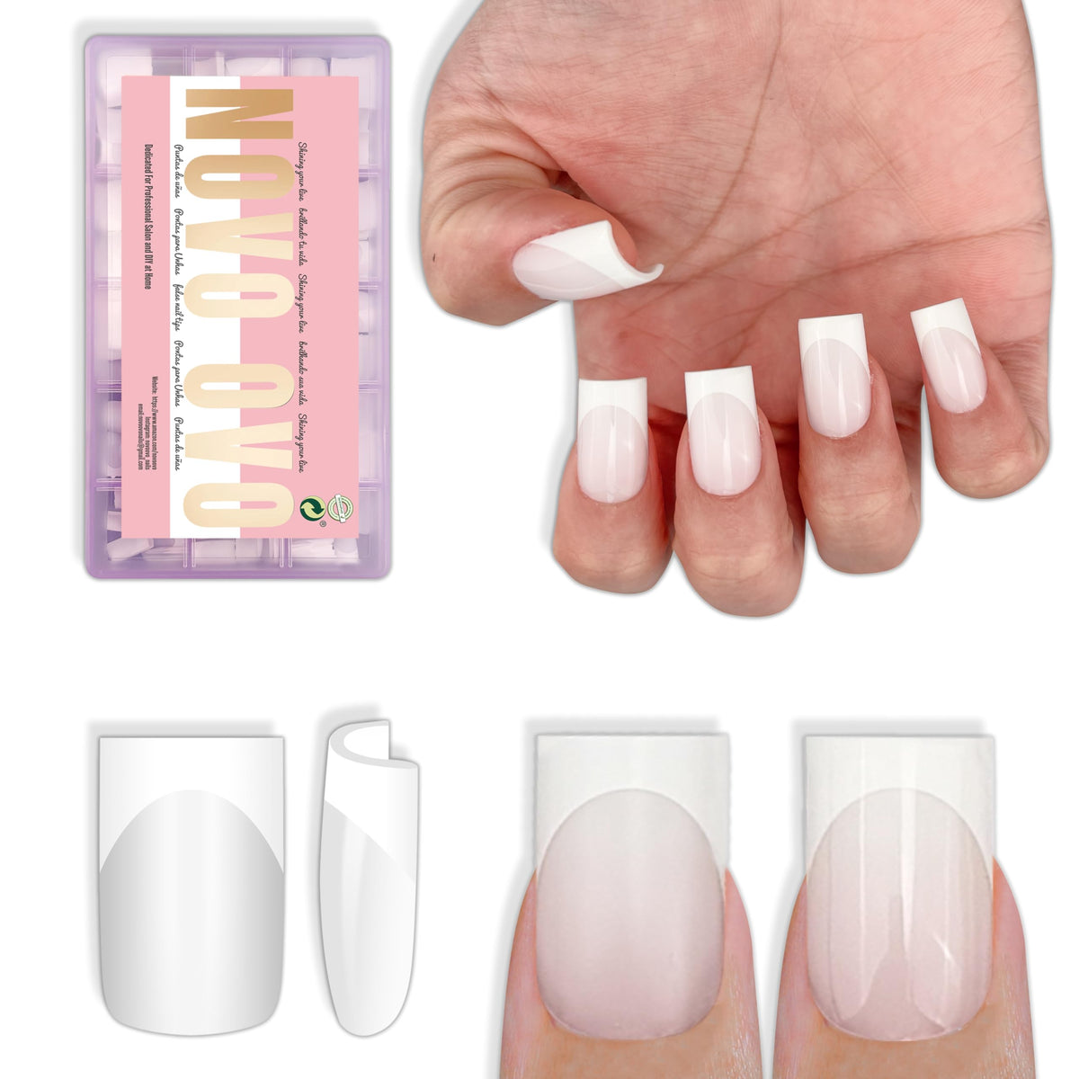 NOVO OVO short sharp square white French tip closeup for salon-ready nails.